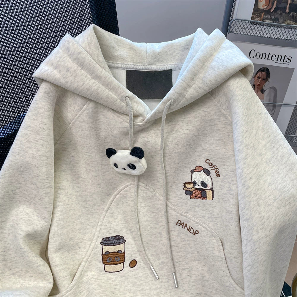 【トップス】🐼 韓国風 カートゥーン パンダ刺繍 フード付きパーカー レディース 秋 ゆったり【FCシリーズ】