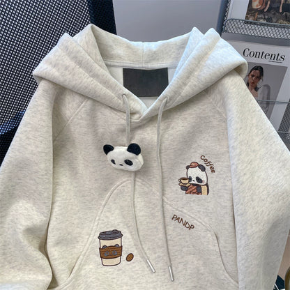 【トップス】🐼 韓国風 カートゥーン パンダ刺繍 フード付きパーカー レディース 秋 ゆったり【FCシリーズ】