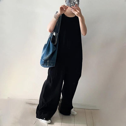 【ボトムス】ワイドパンツオールインワン レディース ノースリーブ 無地 ゆったり リラックス 夏コーデ