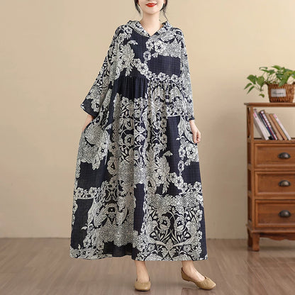 【60%OFF⭐️早い者勝ち】【ワンピース】上品 ナチュラル コットンリネン フード付き プリント 長袖ワンピース 大きいサイズ レディース ロングドレス【SHシリーズ】