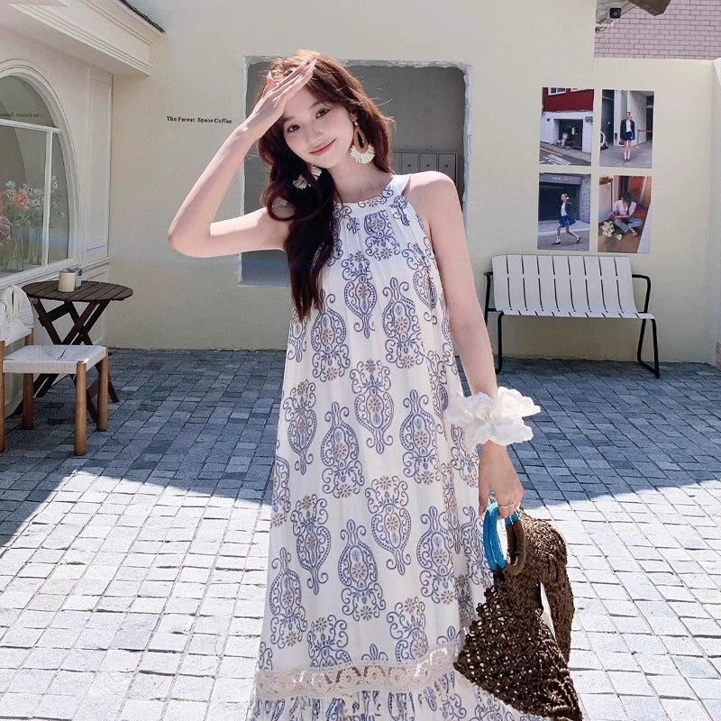 【ワンピース】高級感 青花瓷プリント 夏 刺繍 フリンジ ドレープ ノースリーブワンピース【SHシリーズ】