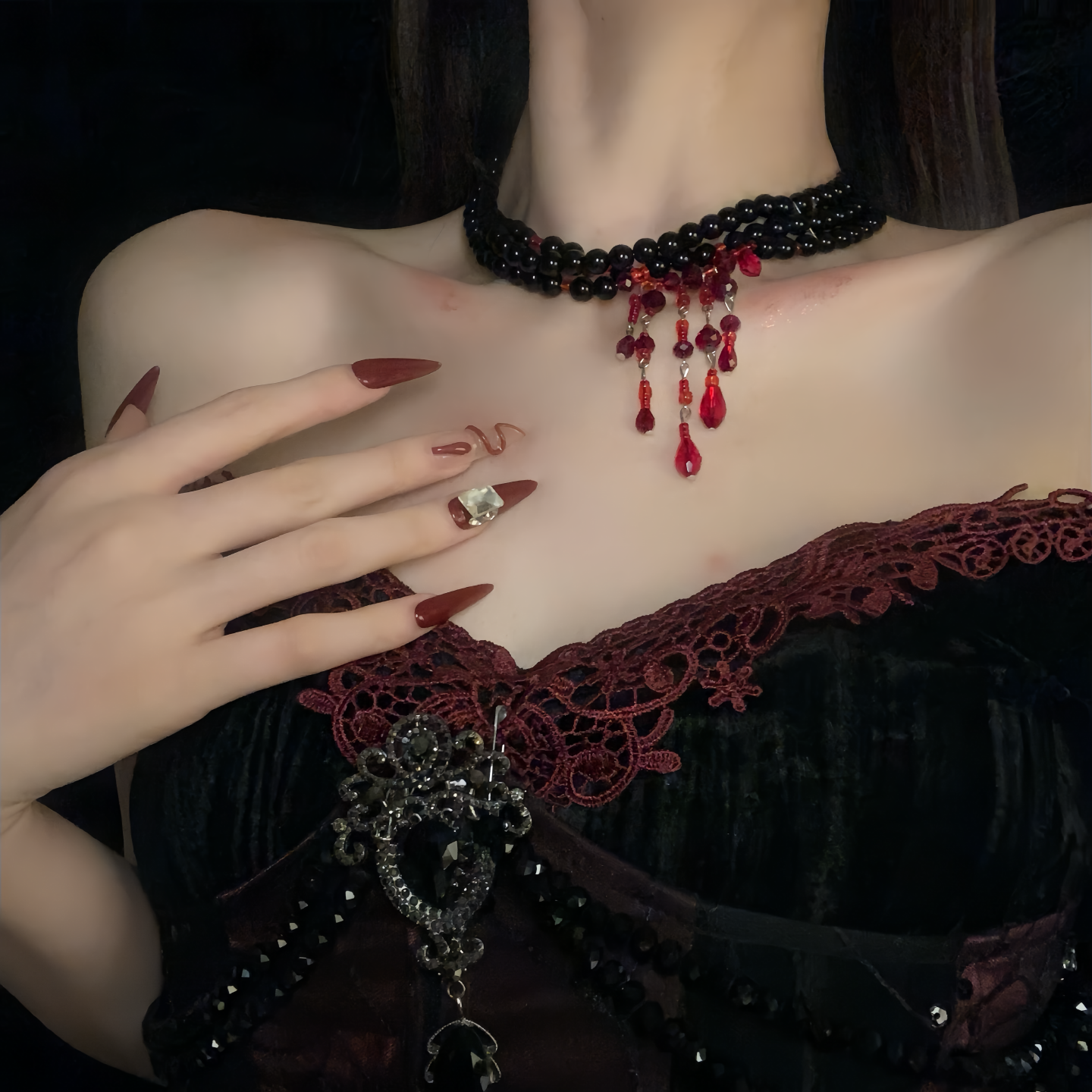 【ハロウィン】ゴシック風 血糊パール フリンジチョーカー ダークアクセサリー ネックレス