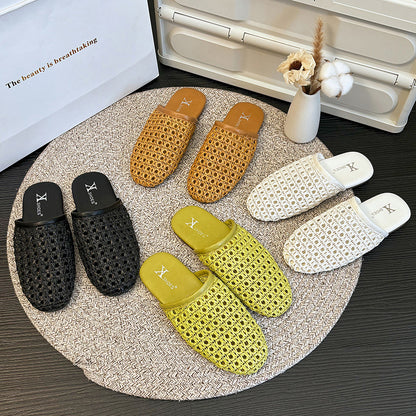 【シューズ】フレンチレトロ 編みデザイン つま先あり バブーシュ 外履き対応 通気性サンダル