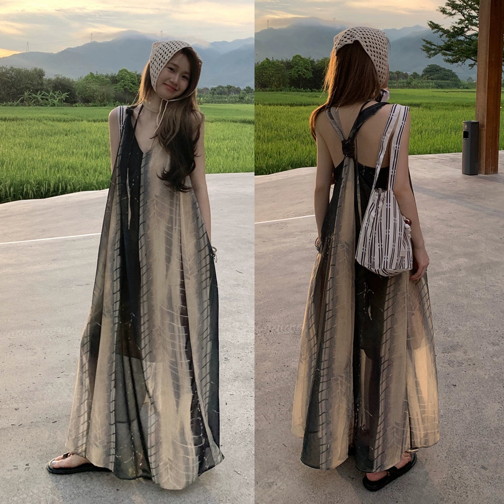 【ワンピース】アートプリント × デザイン感のある 夏用ノースリーブ Vネック タンクトップ風ロングワンピース【SHシリーズ】