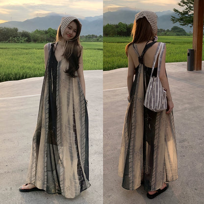 【ワンピース】アートプリント × デザイン感のある 夏用ノースリーブ Vネック タンクトップ風ロングワンピース【SHシリーズ】