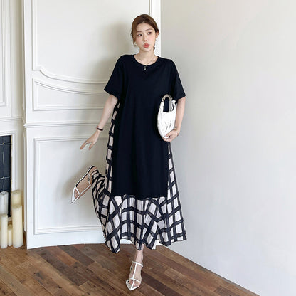 【ワンピース】☀️夏 新作 大きいサイズ レディース チェック柄 重ね着風 半袖ワンピース ゆったり 体型カバー【SHシリーズ】