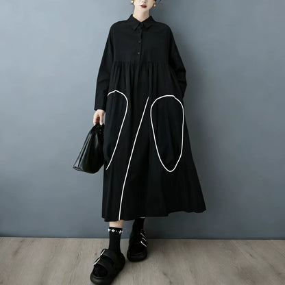 【ワンピース】ダークモードアシンメトリーデザイン配色シャツワンピース レディース 2026春秋新作 韓国風 カジュアル【JZシリーズ】