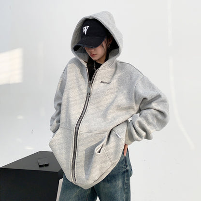 【アウター】春コーデ 美式デザイン カップル向け ヘビーウェイトジャケット ゆったり オーバーサイズ ジップアップ 刺繍 裏起毛 フード付きアウター レディース【FCシリーズ】