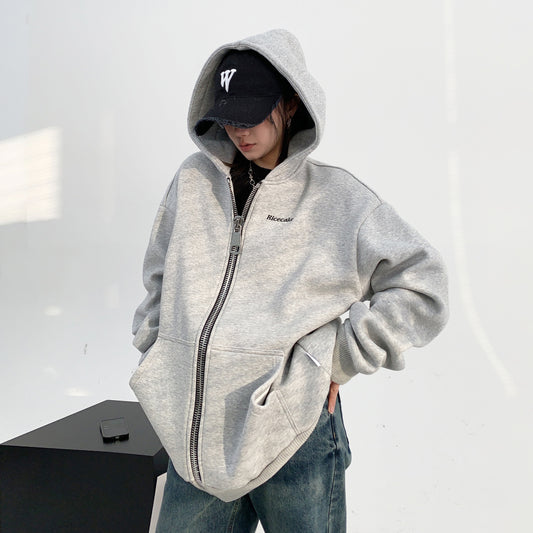 【アウター】春コーデ 美式デザイン カップル向け ヘビーウェイトジャケット ゆったり オーバーサイズ ジップアップ 刺繍 裏起毛 フード付きアウター レディース【FCシリーズ】