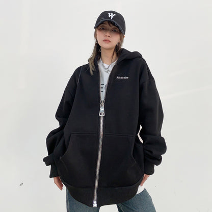 【アウター】春コーデ 美式デザイン カップル向け ヘビーウェイトジャケット ゆったり オーバーサイズ ジップアップ 刺繍 裏起毛 フード付きアウター レディース【FCシリーズ】