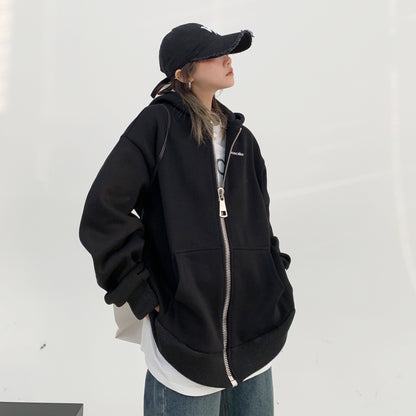 【アウター】春コーデ 美式デザイン カップル向け ヘビーウェイトジャケット ゆったり オーバーサイズ ジップアップ 刺繍 裏起毛 フード付きアウター レディース【FCシリーズ】