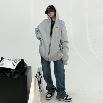 【アウター】春コーデ 美式デザイン カップル向け ヘビーウェイトジャケット ゆったり オーバーサイズ ジップアップ 刺繍 裏起毛 フード付きアウター レディース【FCシリーズ】