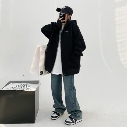 【アウター】春コーデ 美式デザイン カップル向け ヘビーウェイトジャケット ゆったり オーバーサイズ ジップアップ 刺繍 裏起毛 フード付きアウター レディース【FCシリーズ】