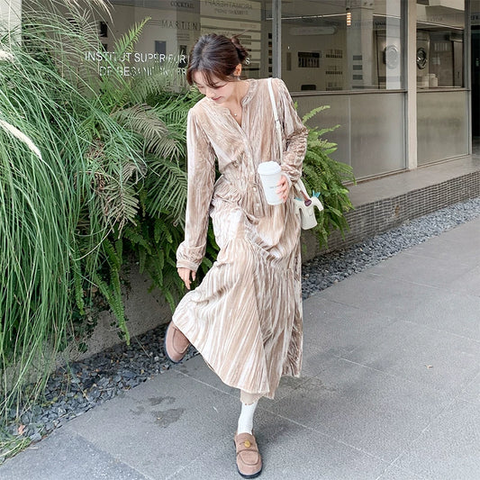 【ワンピース】Vネック ベロア 長袖ワンピース 春新作 ゆったり フレンチレトロ【JZシリーズ】