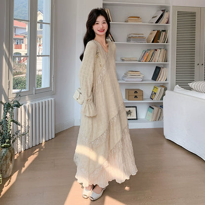 【ワンピース】レンチ風 長袖ワンピース レディース 秋新作 韓国風 優しい雰囲気 人気 気質レース ロング丈 初恋ワンピ【JZシリーズ】