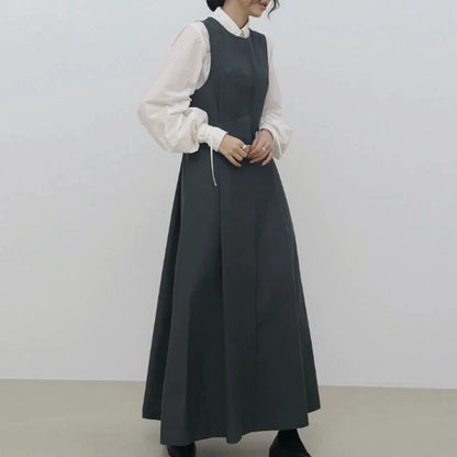 【24AW】【ワンピース】シンプル折り襟 パフスリーブシャツ+ サスペンダーワンピース ワンピースセット