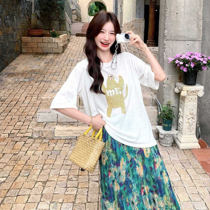 2点セット！【セットアップ】夏 カジュアル Tシャツ＋ 油絵プリント グラデーションスカート上下セット【SHシリーズ】