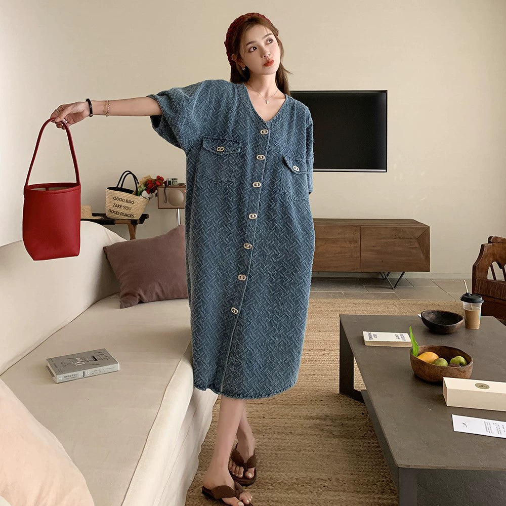 【ワンピース】夏 リラックス感 Vネック デニム半袖ワンピース 薄手 レディース ゆったりカジュアルロング丈【JZシリーズ】