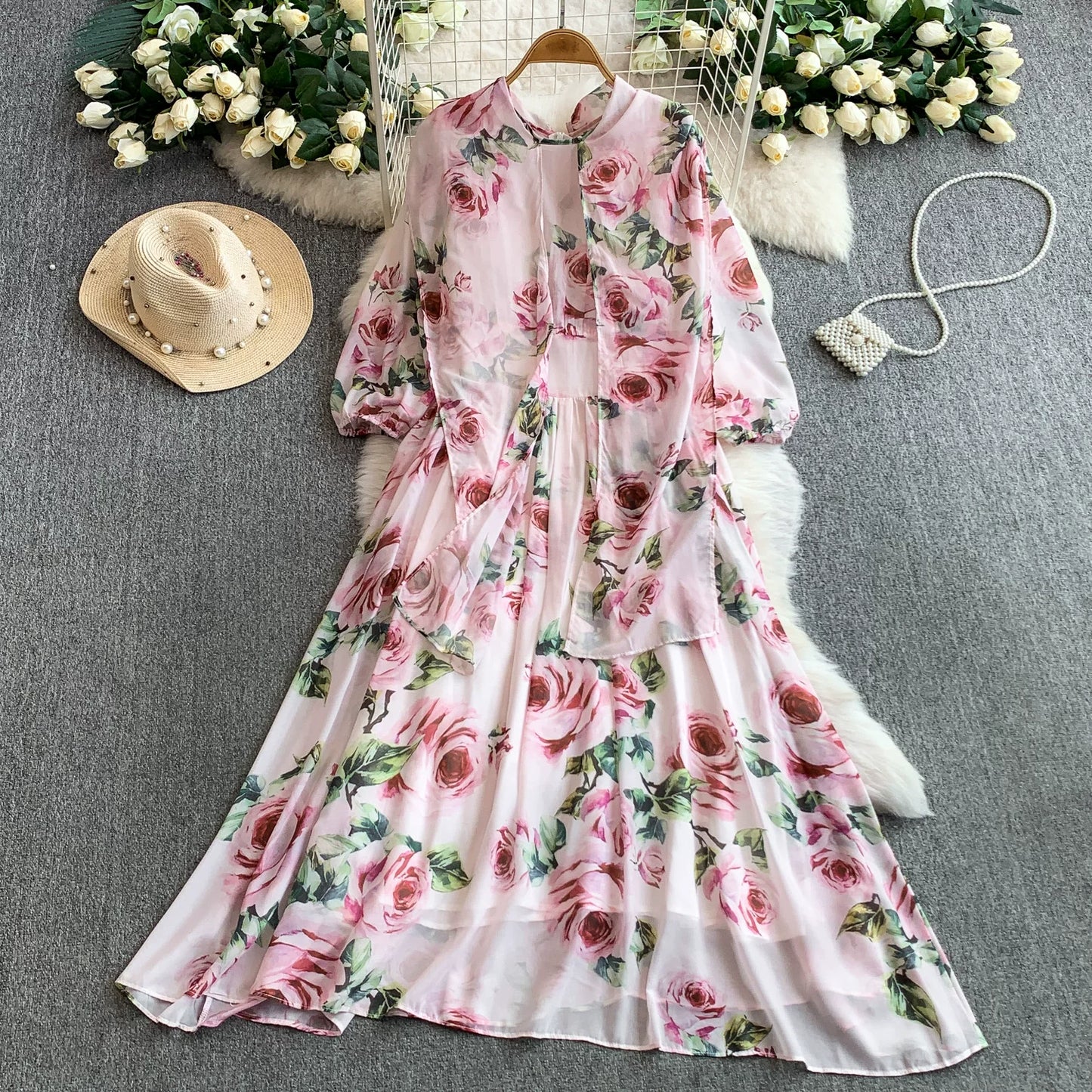 【ワンピース】大人可愛い♡フレンチバカンス風 長袖 花柄ロングワンピース｜着痩せVネック＆リボン付き【SHシリーズ】