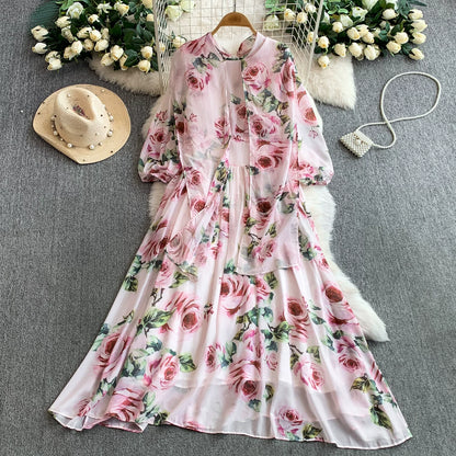 【ワンピース】大人可愛い♡フレンチバカンス風 長袖 花柄ロングワンピース｜着痩せVネック＆リボン付き【SHシリーズ】