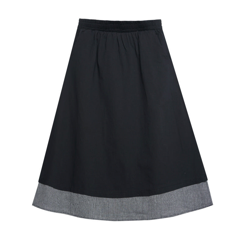 【ボトムス】秋冬 フレンチスタイル チェック柄 切り替え 配色 ブラック ミディ丈 Aライン フレアスカート ウエストゴム すっきり見え【JZシリーズ】