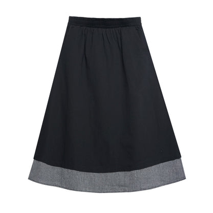 【ボトムス】秋冬 フレンチスタイル チェック柄 切り替え 配色 ブラック ミディ丈 Aライン フレアスカート ウエストゴム すっきり見え【JZシリーズ】