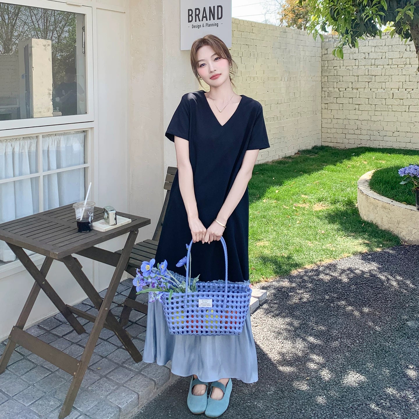 【ワンピース】配色切替 Vネック 半袖ワンピース レディース 夏 ゆったり ロング丈 リラックスシルエット カジュアル【JZシリーズ】