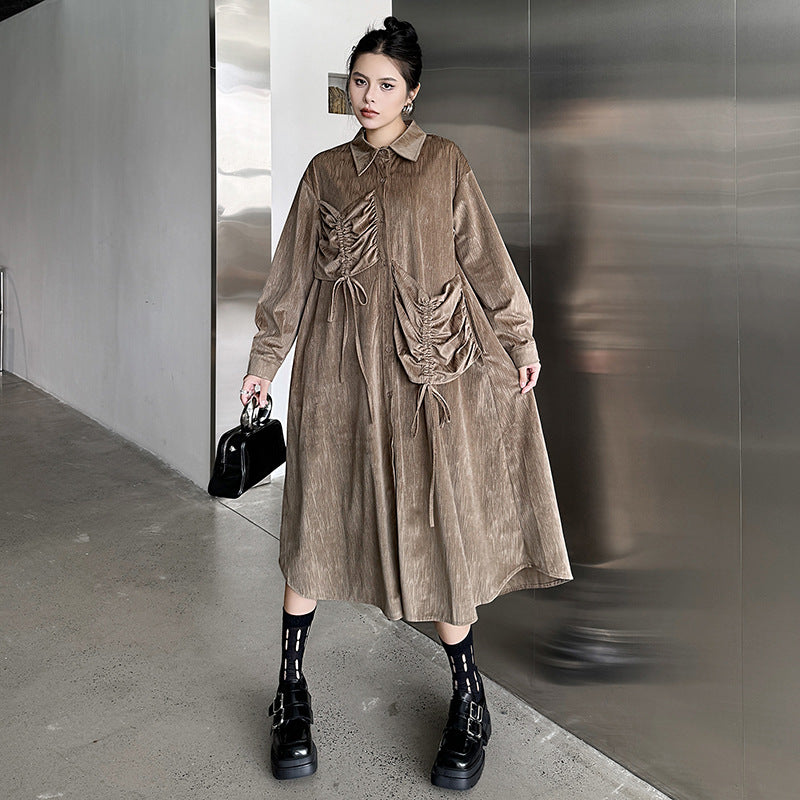 【ワンピース】フレンチレトロ 切替デザイン 大ポケット 長袖 ワンピース 秋新作 ゆったり 【JZシリーズ】