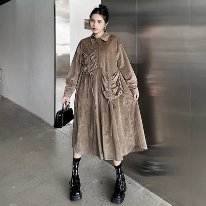 【ワンピース】フレンチレトロ 切替デザイン 大ポケット 長袖 ワンピース 秋新作 ゆったり 【JZシリーズ】