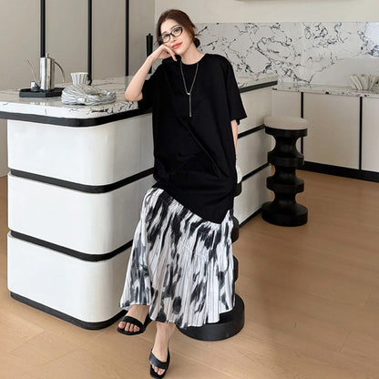 【ワンピース】夏 大きいサイズ レディース 水墨染め フレアスカート 半袖 ワンピース ゆったりサイズ【SHシリーズ】