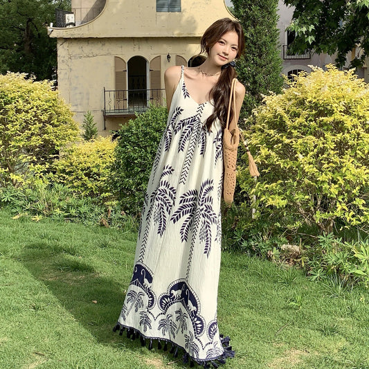 【ワンピース】ボヘミアン 民族風 プリント バカンス Vネック ノースリーブワンピース【SHシリーズ】
