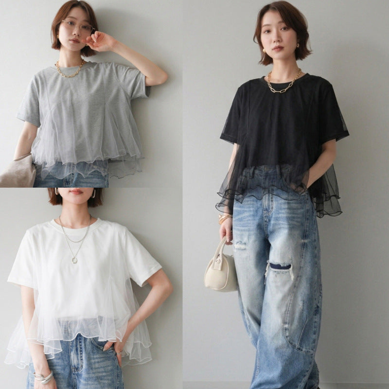【トップス】Tシャツ 夏 シアー切替 メッシュ 立体デザイン クルーネック きれいめ 通勤 カジュアル【JZシリーズ】