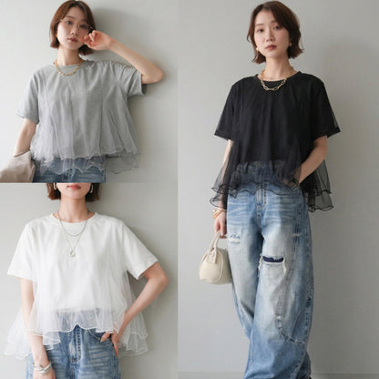 【トップス】Tシャツ 夏 シアー切替 メッシュ 立体デザイン クルーネック きれいめ 通勤 カジュアル【JZシリーズ】