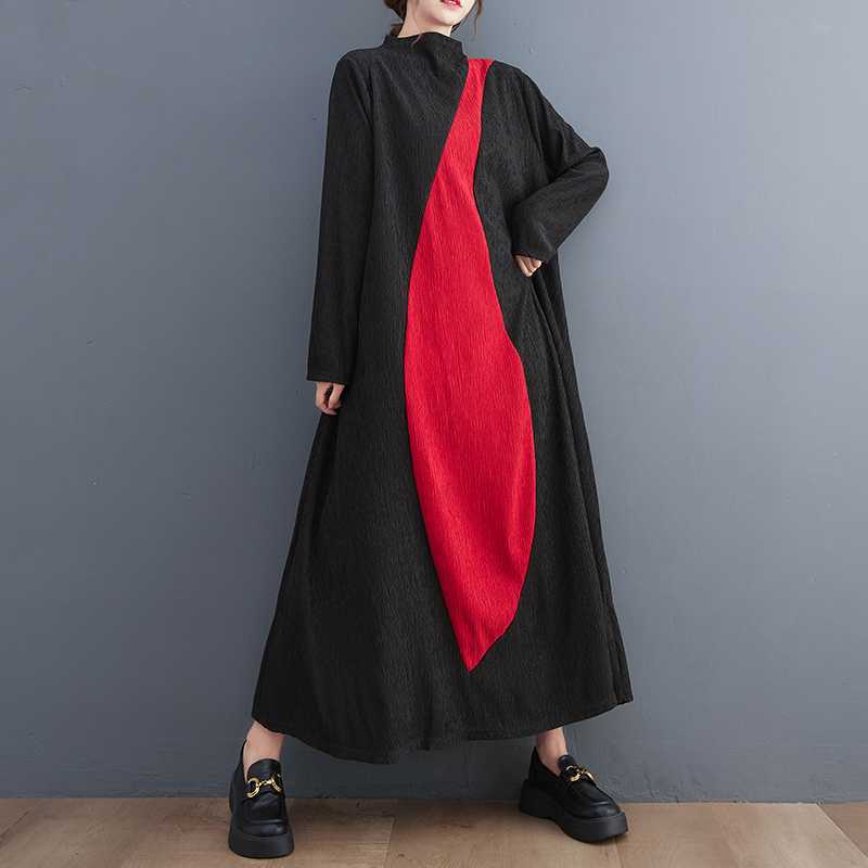 【ワンピース】文芸風 韓国風 配色切替 長袖 アシンメトリー ワンピース ミモレ丈 着痩せ シンプル【AHシリーズ】