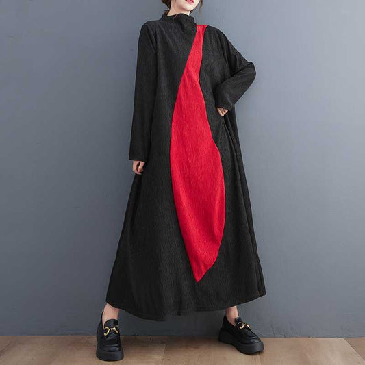 【ワンピース】文芸風 韓国風 配色切替 長袖 アシンメトリー ワンピース ミモレ丈 着痩せ シンプル【AHシリーズ】