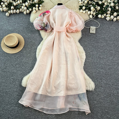 【ワンピース】着るだけで上品見え✨フレンチ風 半袖 ワンピース バインディング ウエスト 立体花モチーフ ランタンスリーブ メッシュ ロング丈【SHシリーズ】