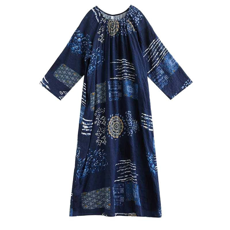 【ワンピース】春 秋 夏 クルーネック ギャザー入り プリント 長袖 ワンピース 【SHシリーズ】