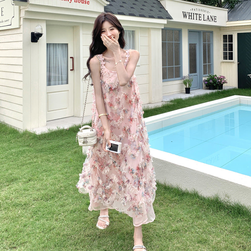 ワンピース】ピンクロマンチック風 立体フラワー花柄 ノースリーブ