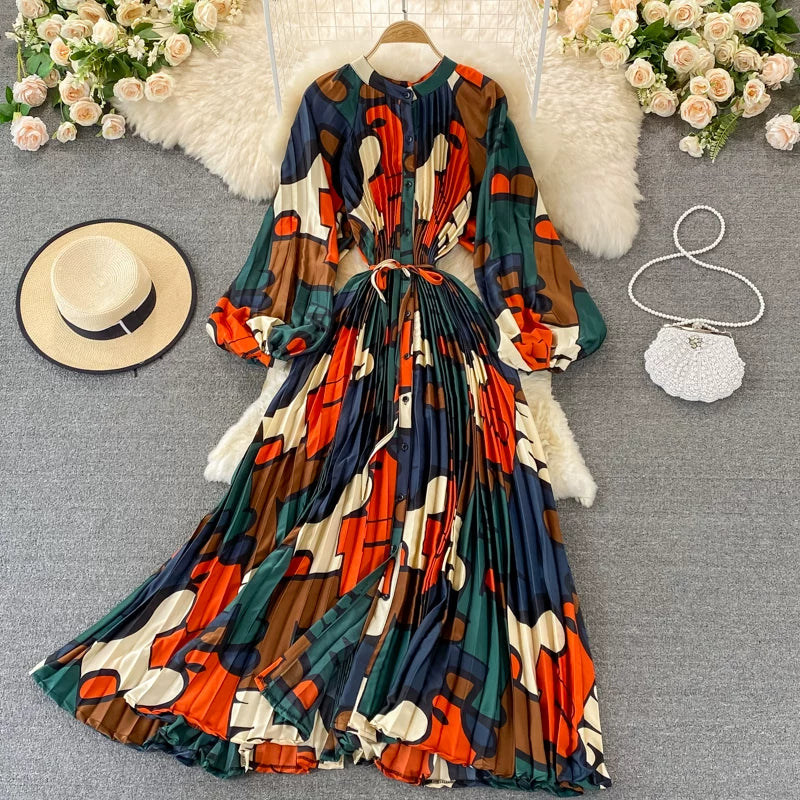 【ワンピース】ラウンドネック サテン プリント プリーツ 長袖 ワンピース 【SHシリーズ】