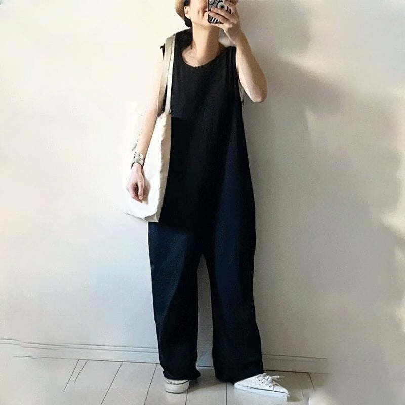 【ボトムス】ワイドパンツオールインワン レディース ノースリーブ 無地 ゆったり リラックス 夏コーデ