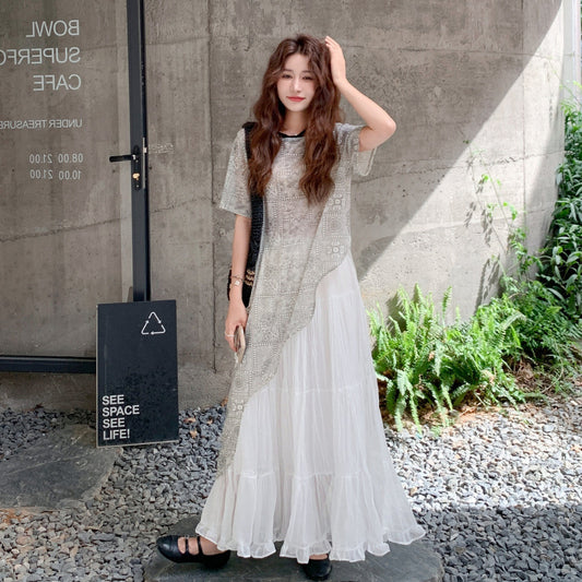 2点セット！【セットアップ】フレンチ風 レイヤードデザイン カーディガン＋スカート上下セット【SHシリーズ】