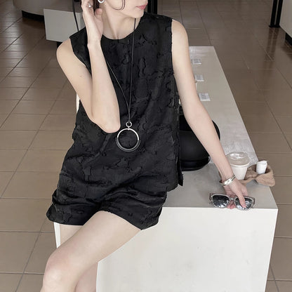 【セットアップ】夏 ジャカード おしゃれな ノースリーブ シャツ + ショートパンツ 2点上下セット 【JZシリーズ】