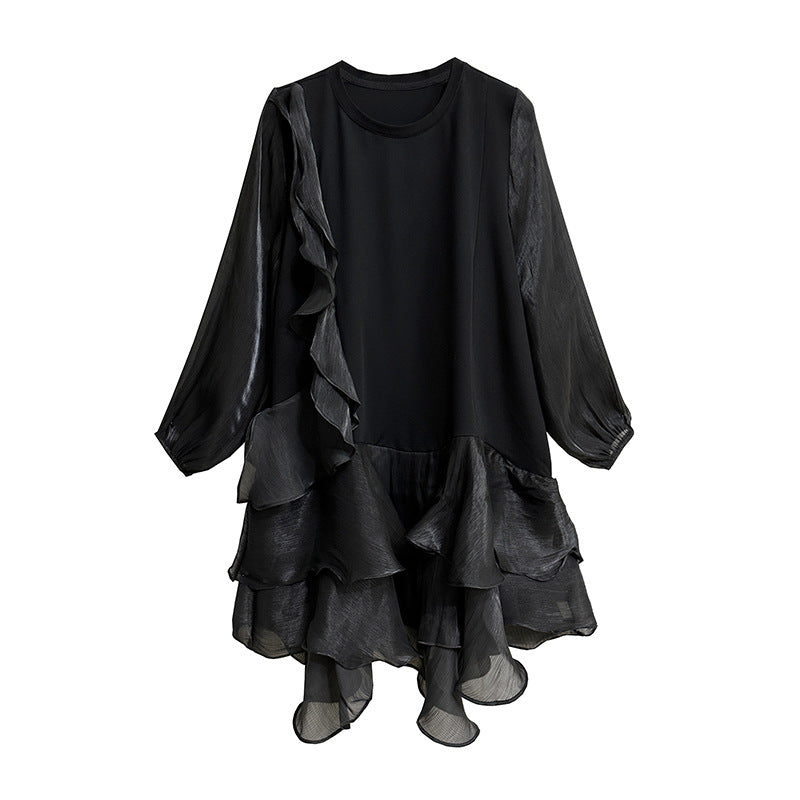 【ワンピース】春 秋 冬 オーガンジー切替 ゆったり ティアード ワンピース 【AHシリーズ】