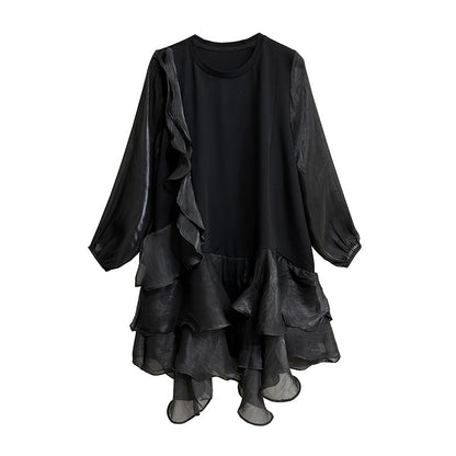 【ワンピース】春 秋 冬 オーガンジー切替 ゆったり ティアード ワンピース 【AHシリーズ】