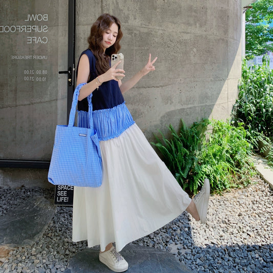 【ワンピース】夏 フレンチ風 お洒落な配色切り替え ノースリーブワンピース 文芸スタイル【SHシリーズ】