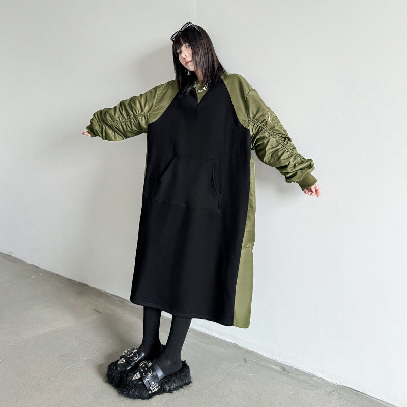 【ワンピース】春 秋 冬 クルーネック プリーツ配色切替 長袖 ワンピース 【AHシリーズ】