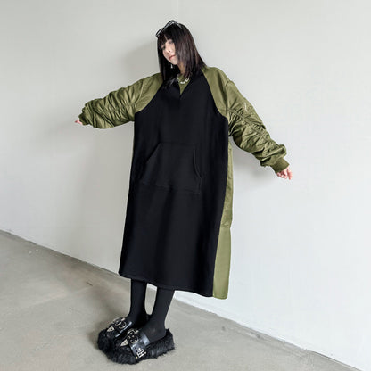 【ワンピース】春 秋 冬 クルーネック プリーツ配色切替 長袖 ワンピース 【AHシリーズ】