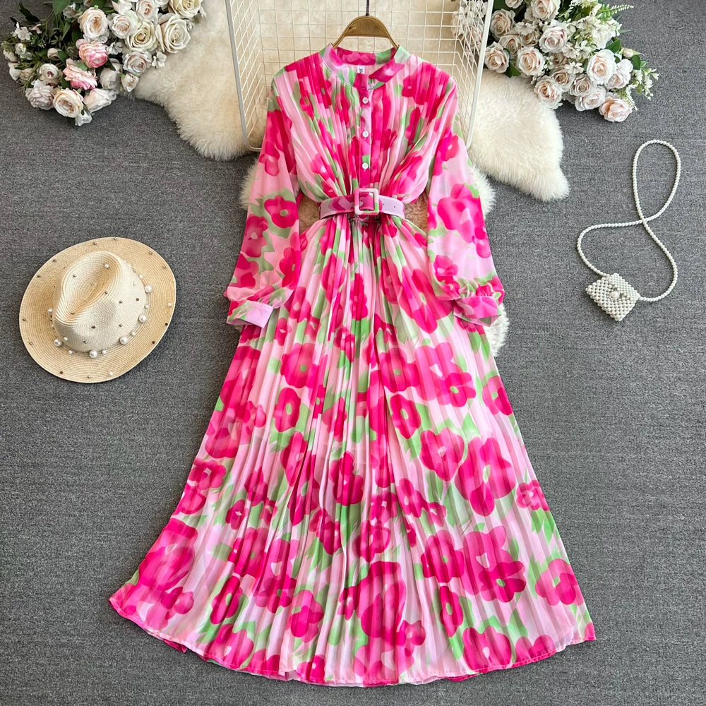 期間限定⭐60%OFF【ワンピース】美人見え確定✨ クラシック 花柄 プリーツ 長袖ワンピース｜高見え立襟＆ウエストマークで細見え【SHシリーズ】