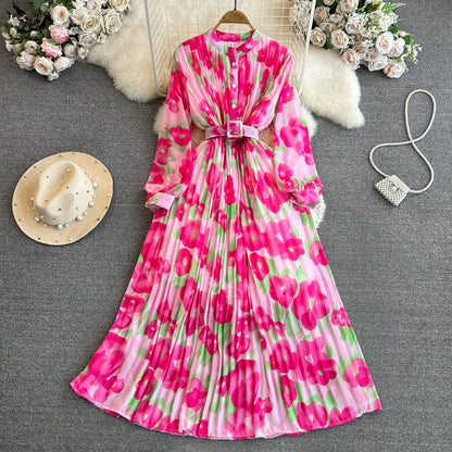 期間限定⭐60%OFF【ワンピース】美人見え確定✨ クラシック 花柄 プリーツ 長袖ワンピース｜高見え立襟＆ウエストマークで細見え【SHシリーズ】
