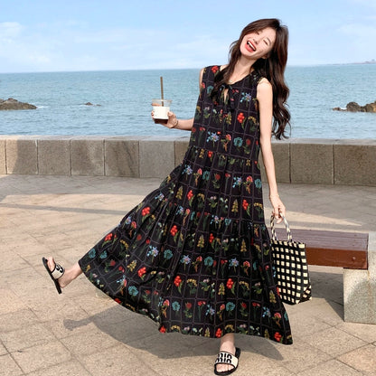 【ワンピース】刺繍プリント ビーチ ノースリーブタンクワンピース【SHシリーズ】